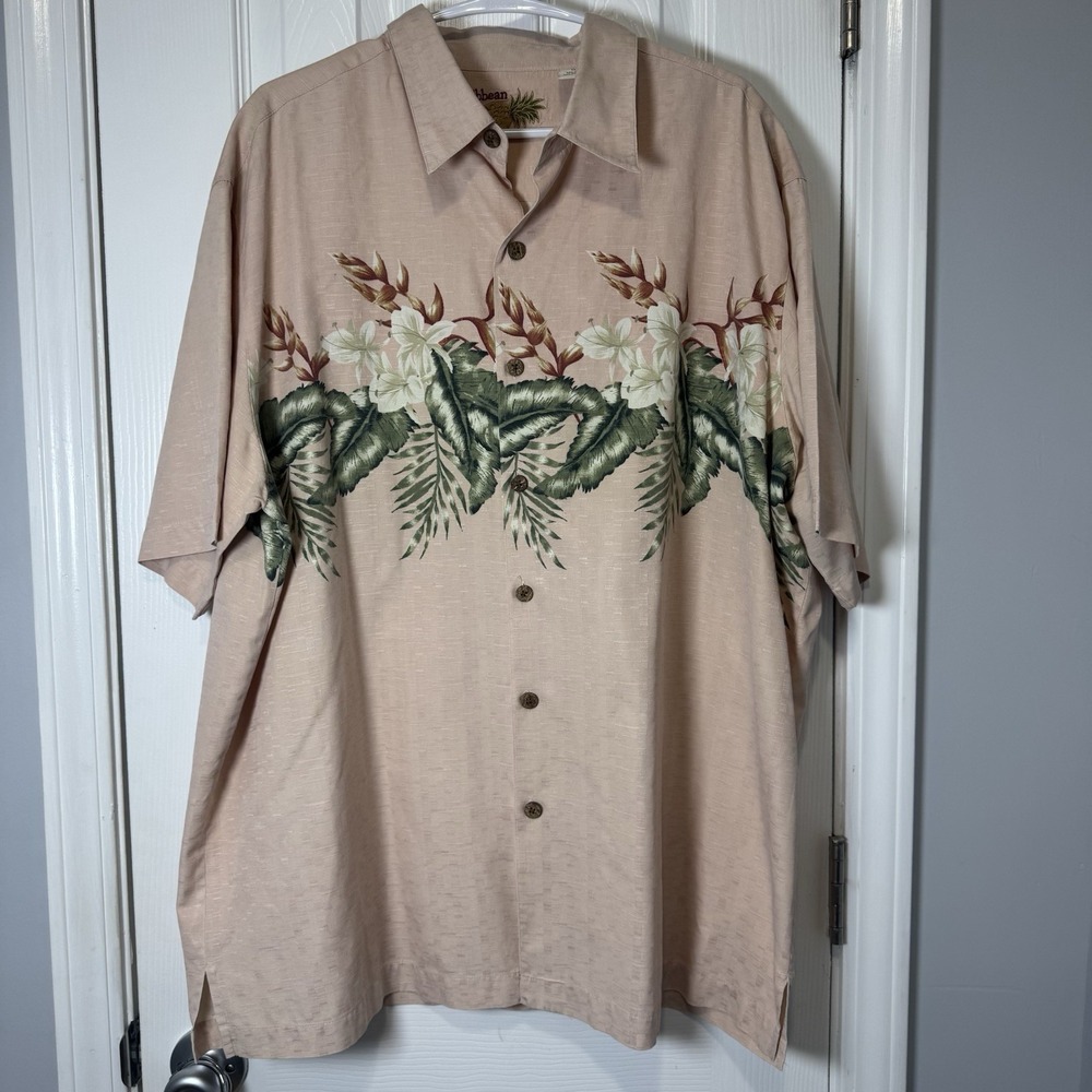 Caribbean Shirt Hawaiian Pineapple Coral Collared Button-Up Pocket Silk Men's XL